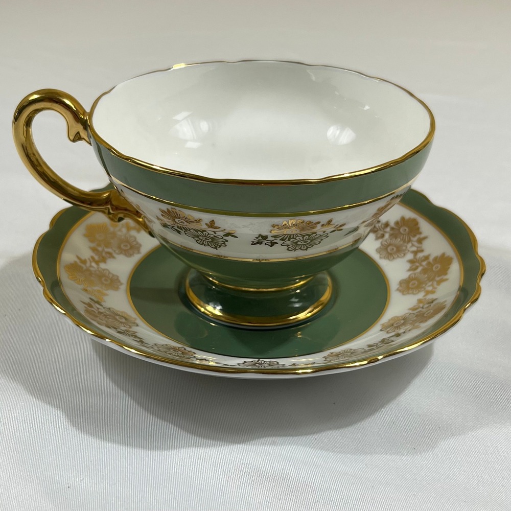 Crown Staffordshire Tea Cup Saucer Set Green Gold Floral England